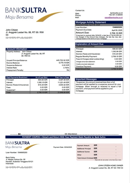 Download Indonesia Bank Sultra mortgage statement Word and PDF template Photoshop template